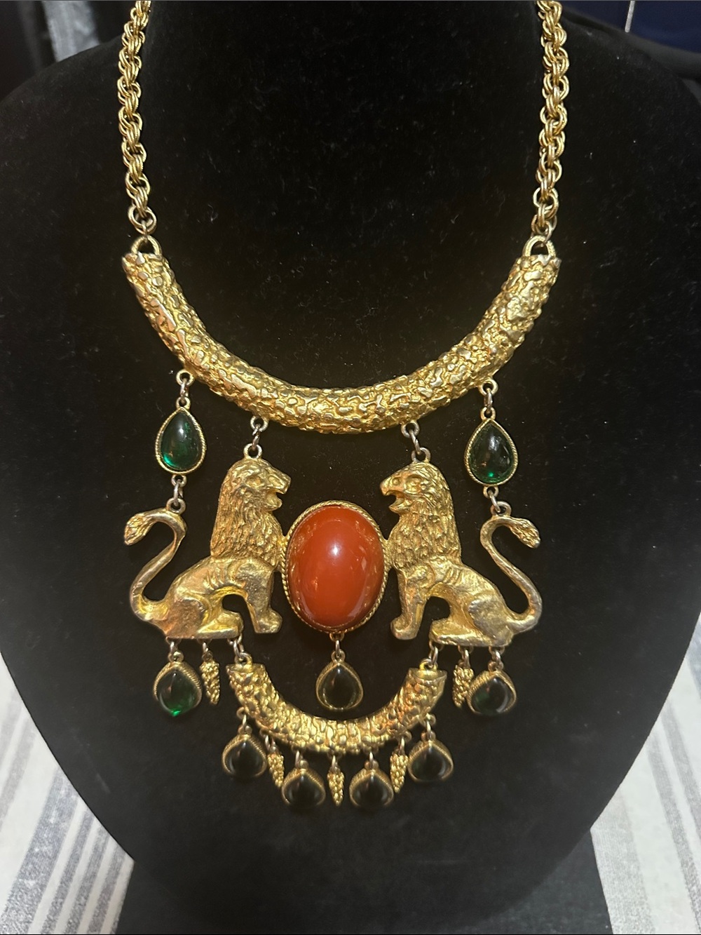 Gold-Tone Lion Pendant Necklace with Red Center Stone